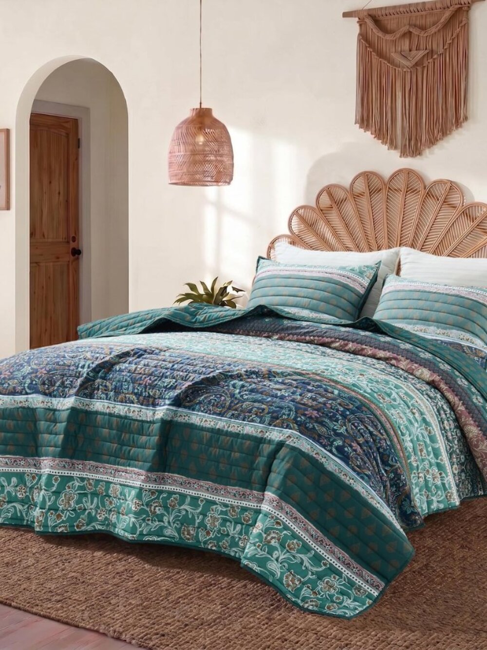 Boho Queen Quilt Bedding Set, 3 Pieces Bedspread, Green
